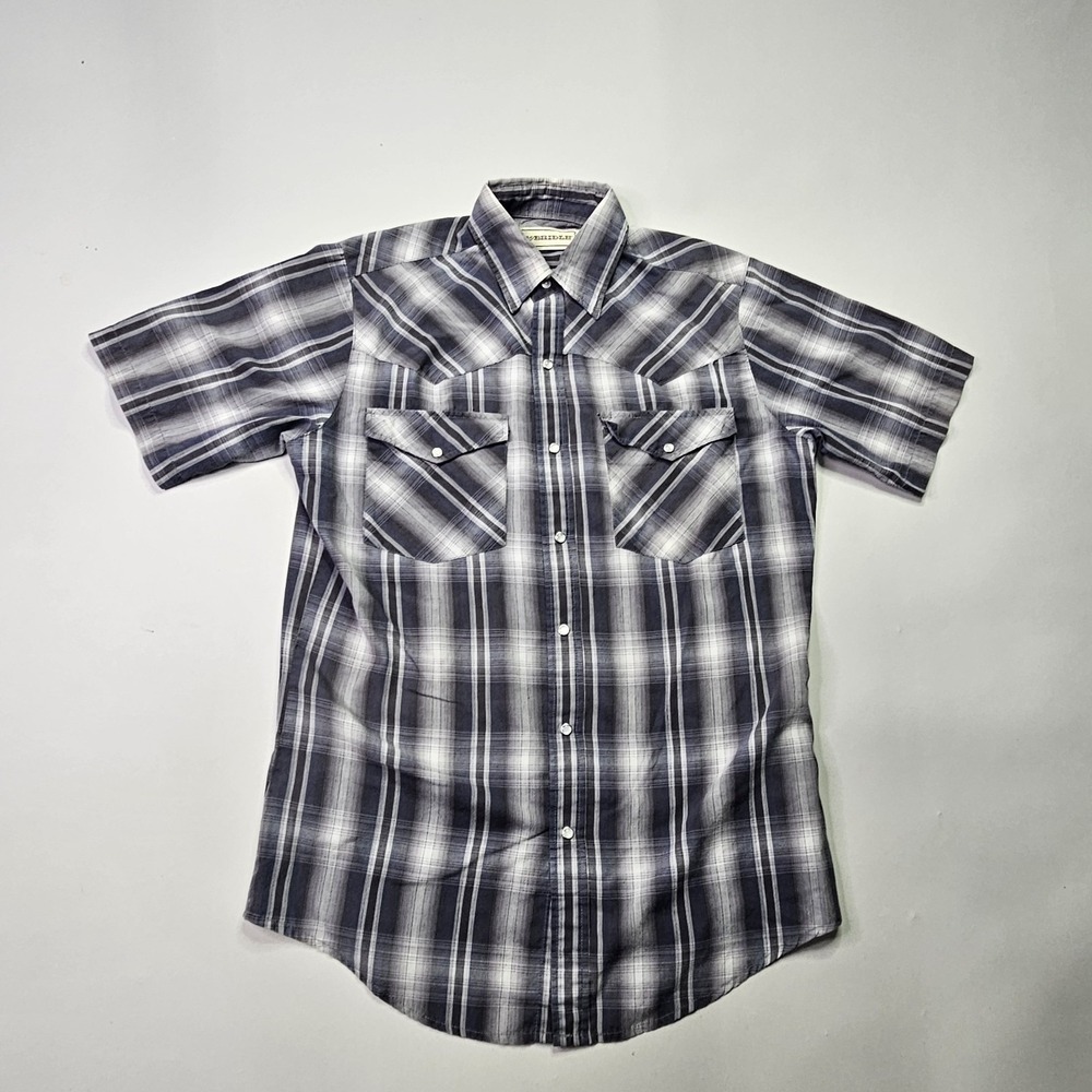 Bit & Bridle Men's M Western Shirt Plaid Snap Button Short Sleeve Gray Blue
